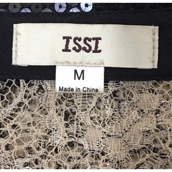Issi Beige Black Lace Sequins Trim Top Size M - Picture 7 of 7
